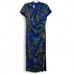 Vintage 90s David Warren Faux Wrap Chiffon Midi Dress Tropical Floral Blue 10